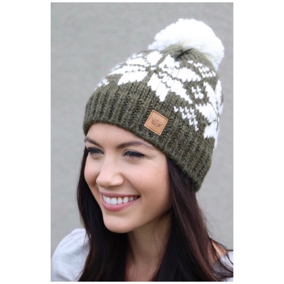 Olive Snowflake Knit Fleece Lined Pompom Beanie - Picture 2 of 2